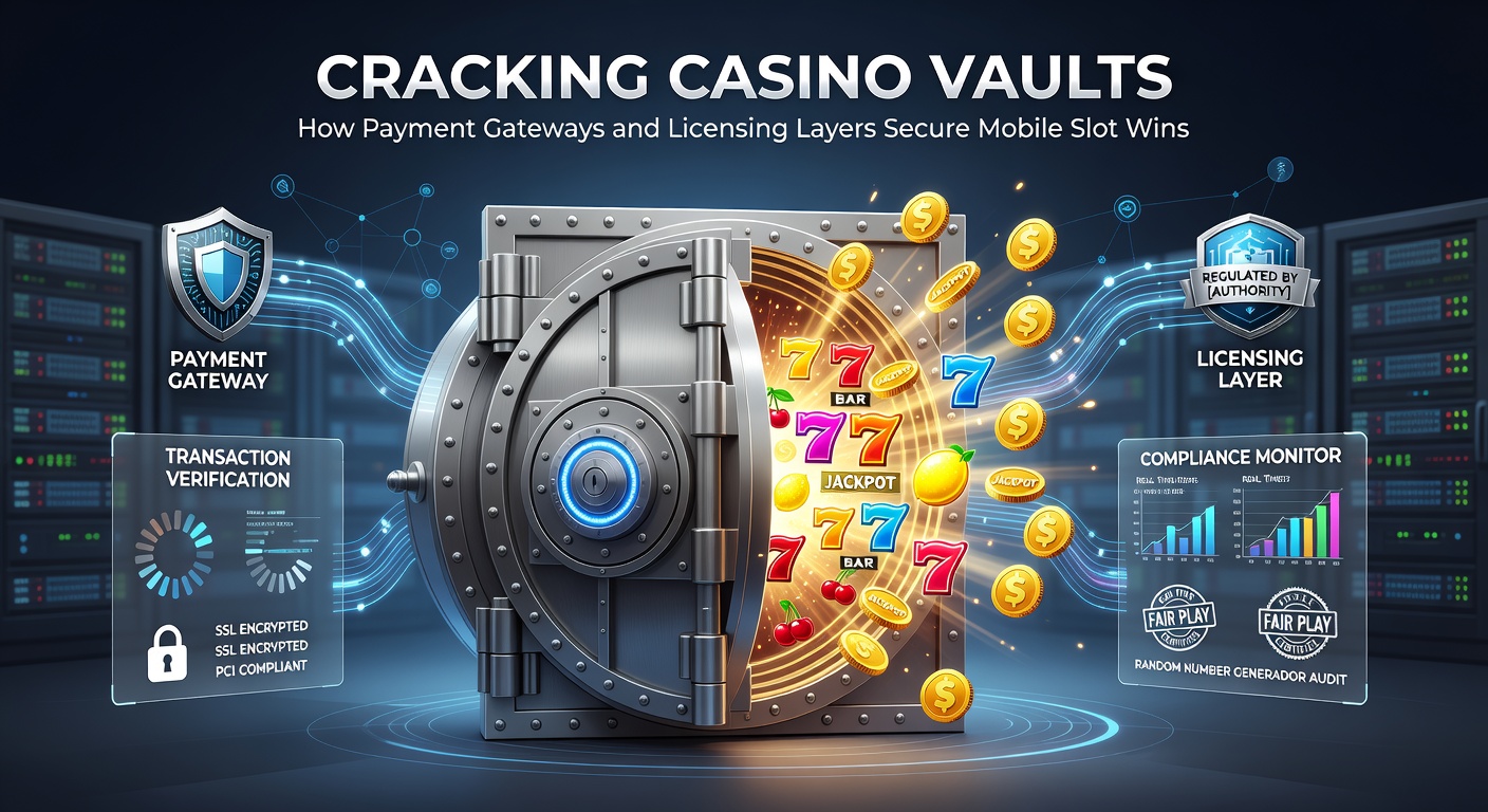 Schichten von Lizenzen und Siegeln umgeben ein mobiles Slot-Spiel, das sichere Gewinnauszahlungen darstellt