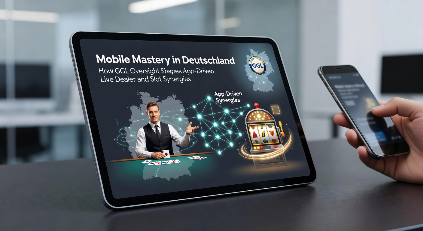 Smartphone mit Casino-App im Vordergrund, umgeben von grafischen Elementen von Live-Dealern und Slot-Maschinen, symbolisiert mobile Glücksspiel-Integration unter GGL-Regulierung