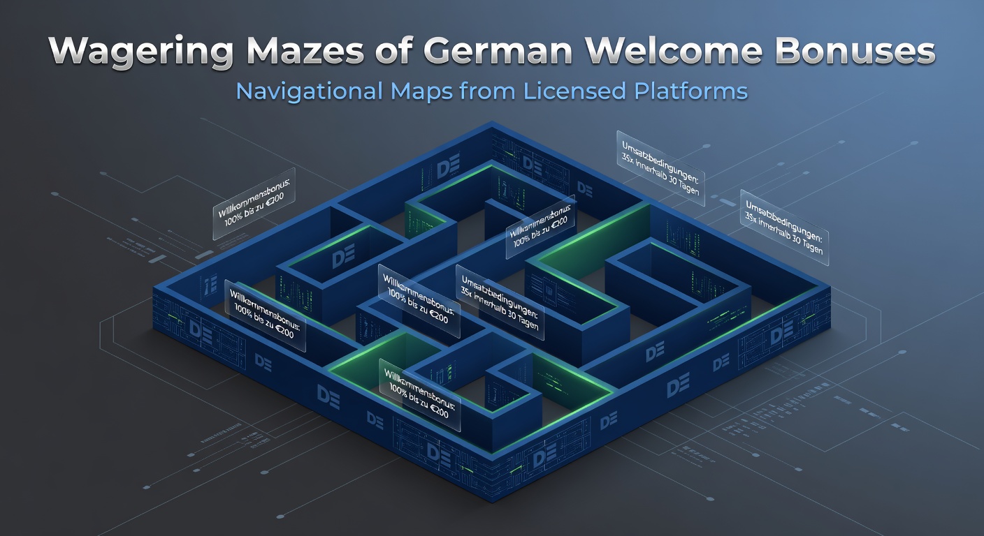 Grafik eines labyrinthartigen Pfads durch Wettanforderungen mit Willkommensbonus-Symbolen und lizenzierten Plattform-Icons